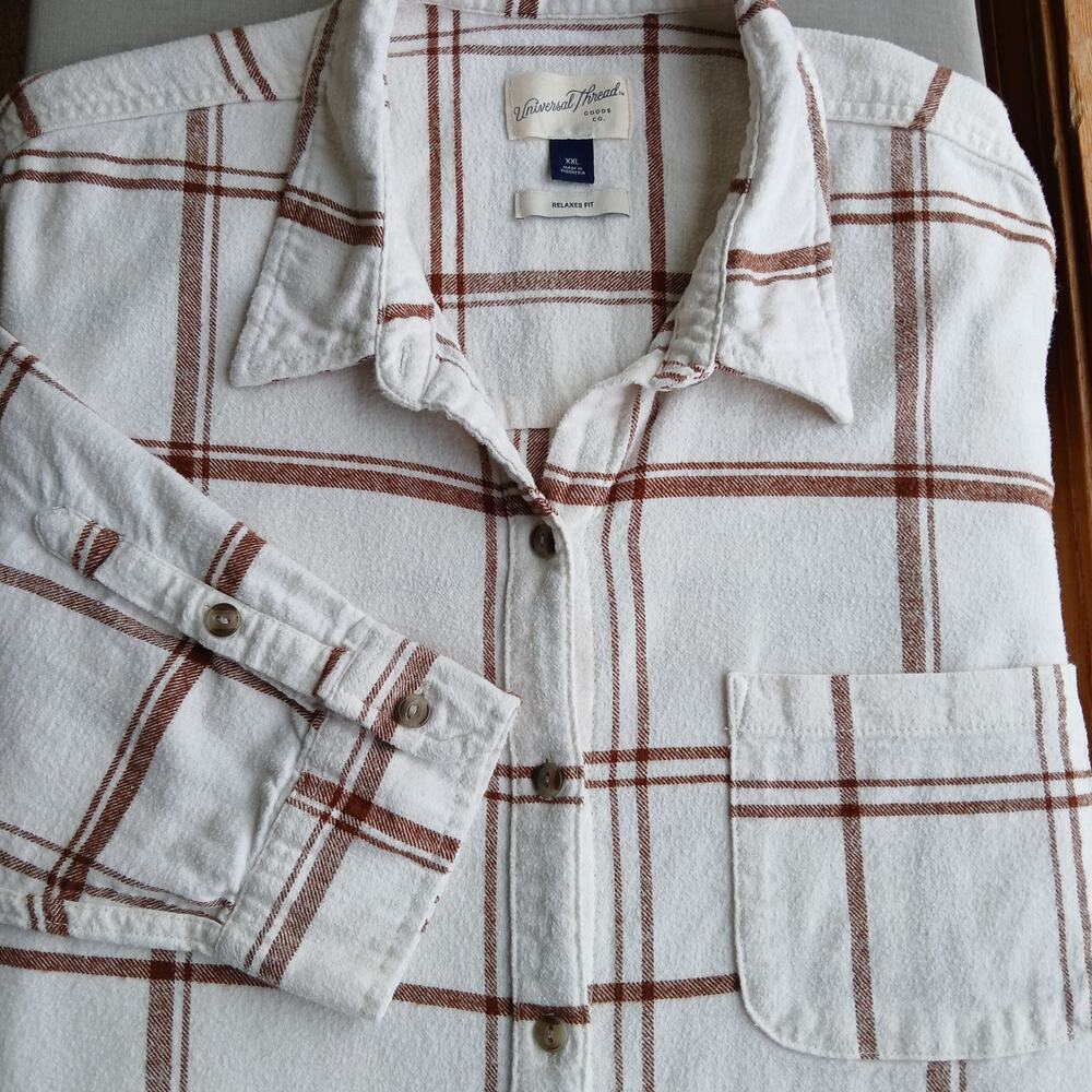 Universal Thread Cream & Brown Plaid Flannel Button-up Shirt XXL relaxed fit - Picture 1 of 14